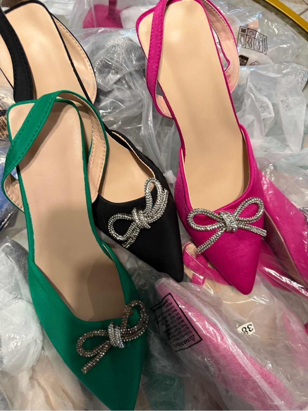 Satin Pointed-Toe Slingback Heels with Crystal Bow - Pink, Green, Black